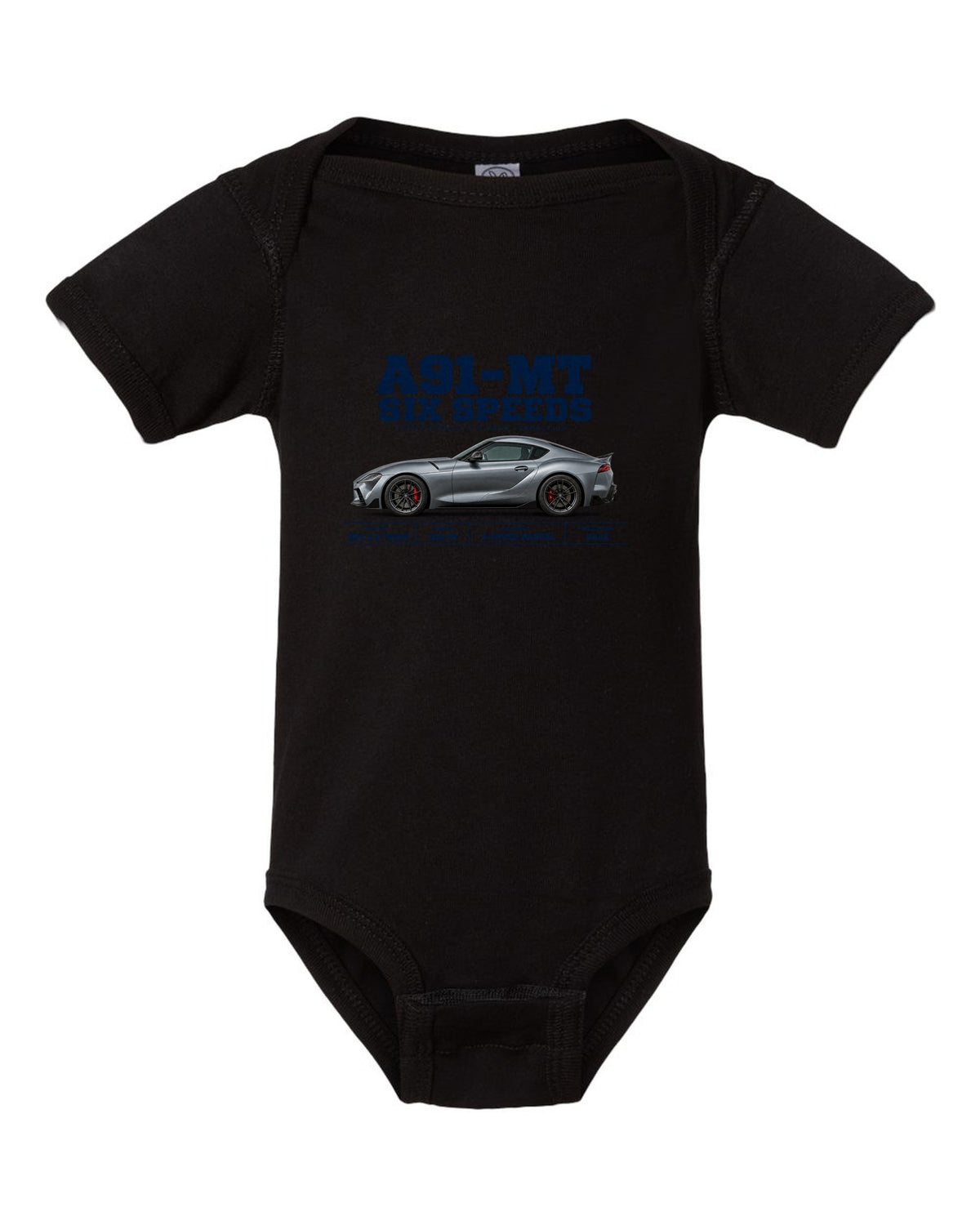 Signal red Toyota GR Supra A91-MT shown in three views with spec table black baby onesie front view with the design