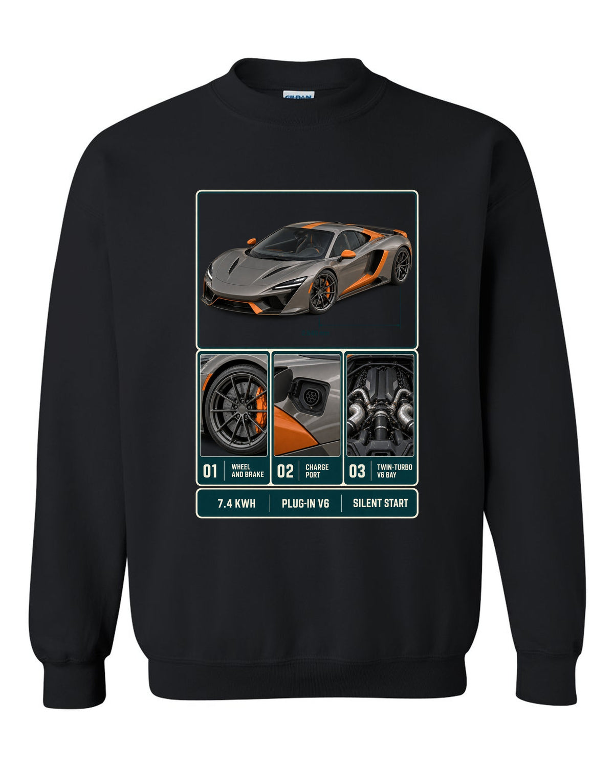 McLaren Artura dossier panel print with 7.4 kWh, plug-in V6 and silent start black crewneck front view with the design