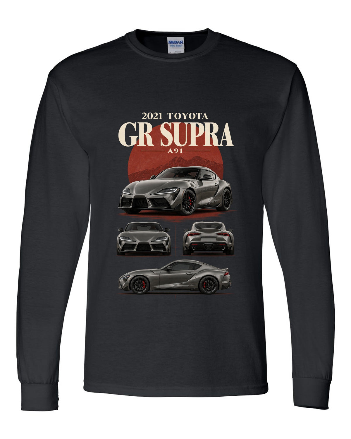 Graphite halftone front three-quarter of the Toyota GR Supra A90 with Made in Graz text black long sleeve front view with the design