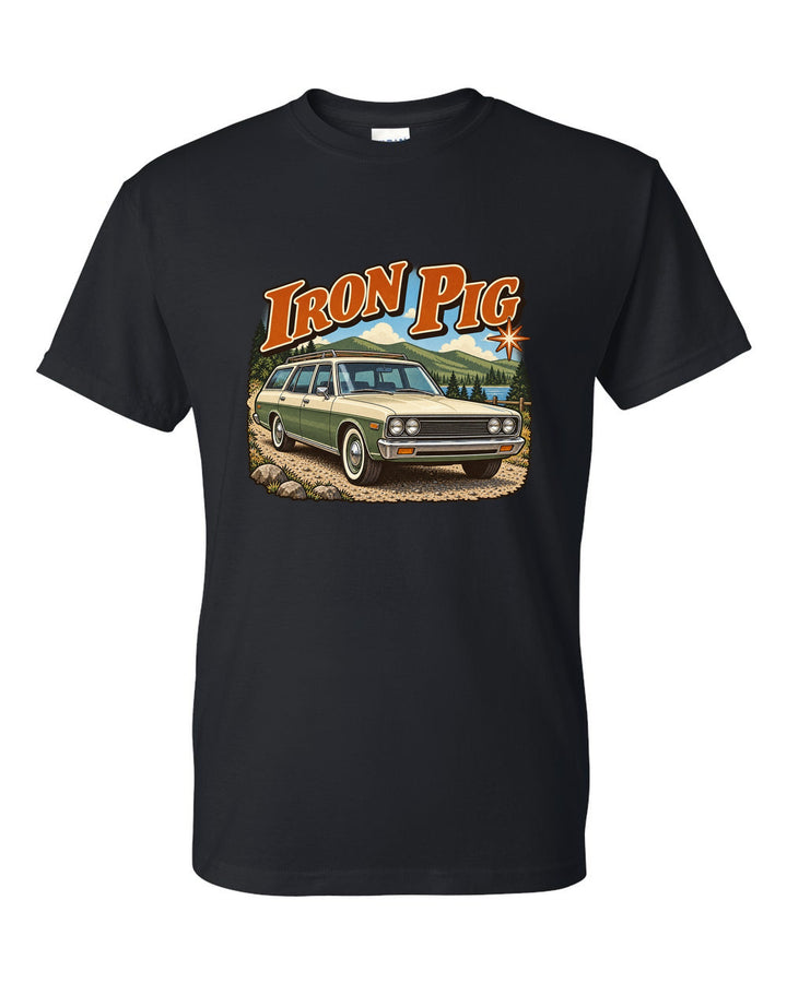 Showa-era brochure illustration of a Toyota Land Cruiser FJ55 with the words Iron Pig black t-shirt front view with the design