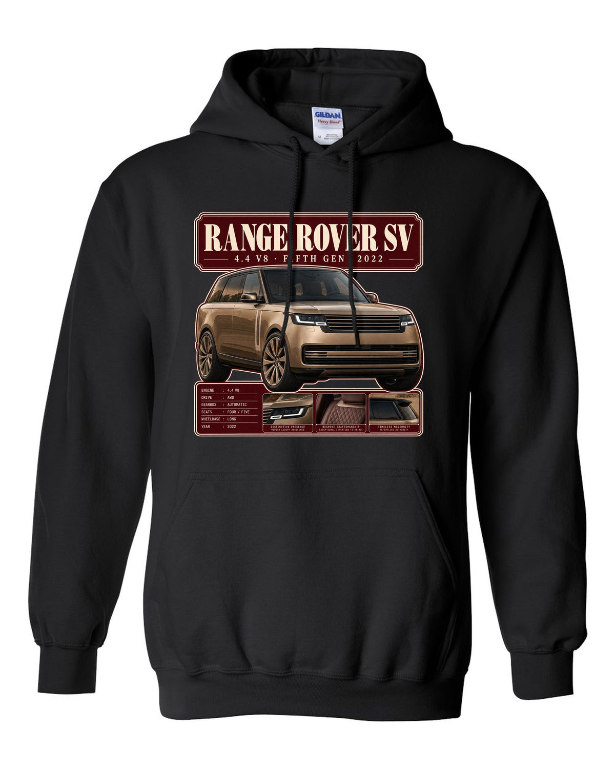 Archive panel print of the Range Rover SV L460 with 4.4 V8 and fifth generation black pull over hoodie front view with the design