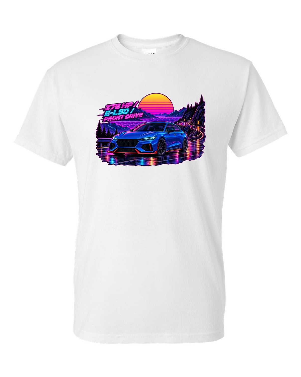 Hyundai Elantra N CN7 synthwave wet road print with 276 HP and E-LSD text white t-shirt front view with the design