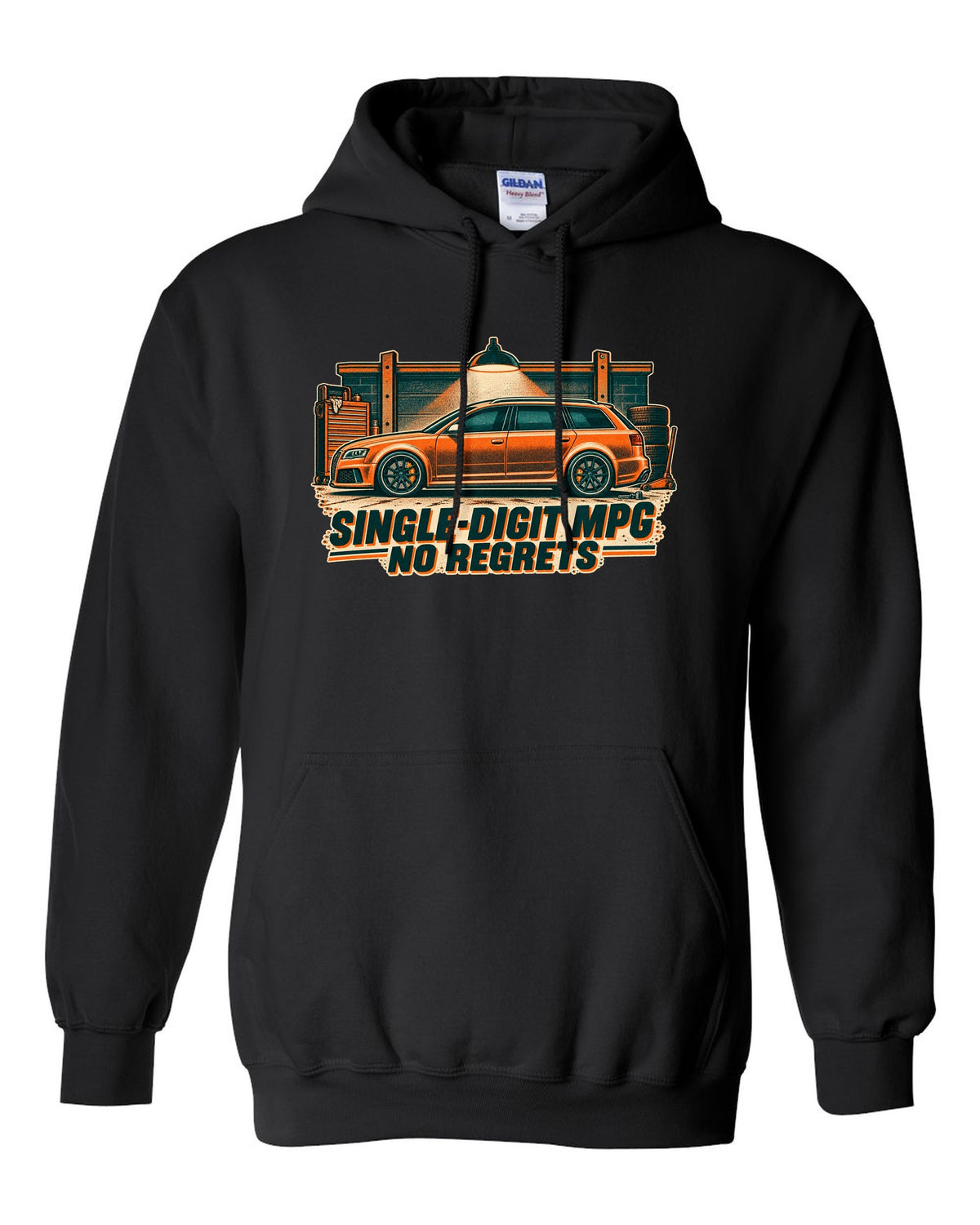 Risograph garage light design of the Audi RS6 Avant C6 4F with single-digit MPG no regrets lettering black pull over hoodie front view with the design