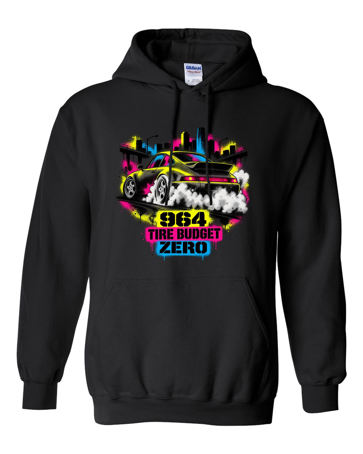 Street-art stencil print of a Porsche 911 Carrera 4 964 with the text 964, tire budget, zero black pull over hoodie front view with the design