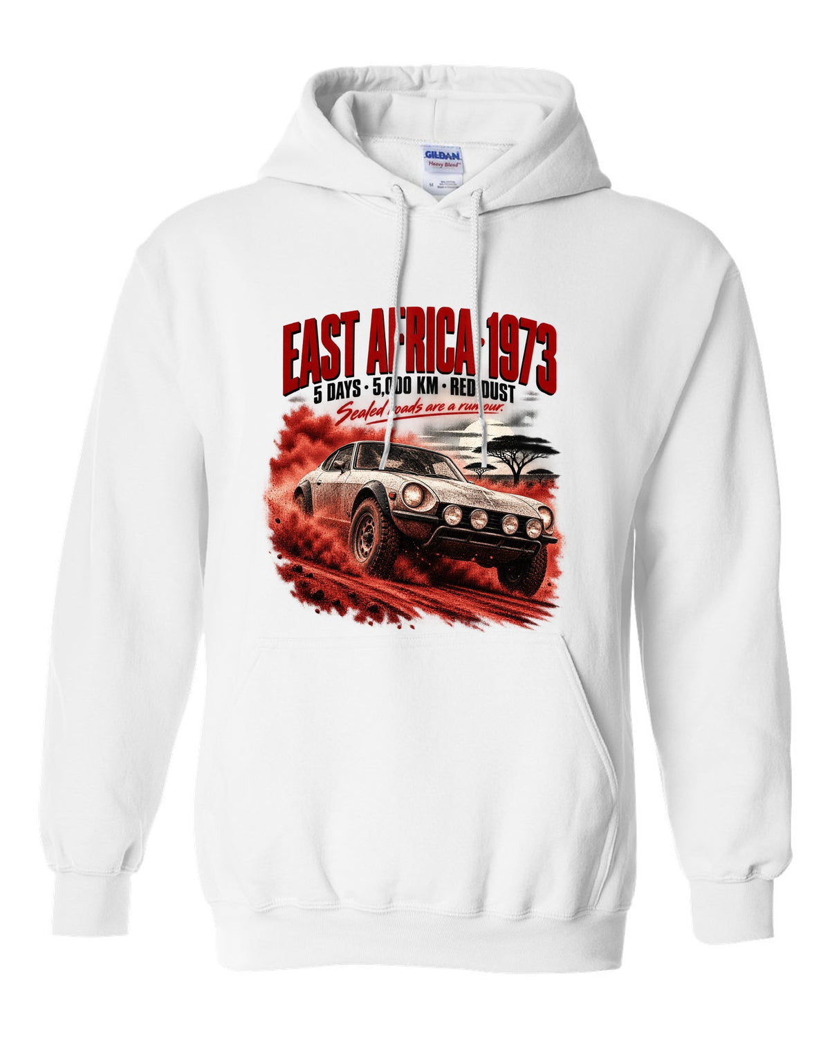 Rally poster print of a 1973 Datsun 240Z S30 rally car for East Africa white pull over hoodie front view with the design