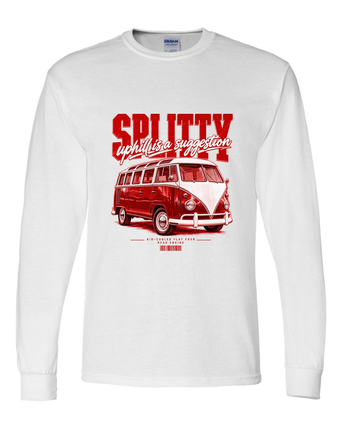 Street poster print of a 1963 VW T1 split-window bus with air-cooled flat-four text white long sleeve front view with the design