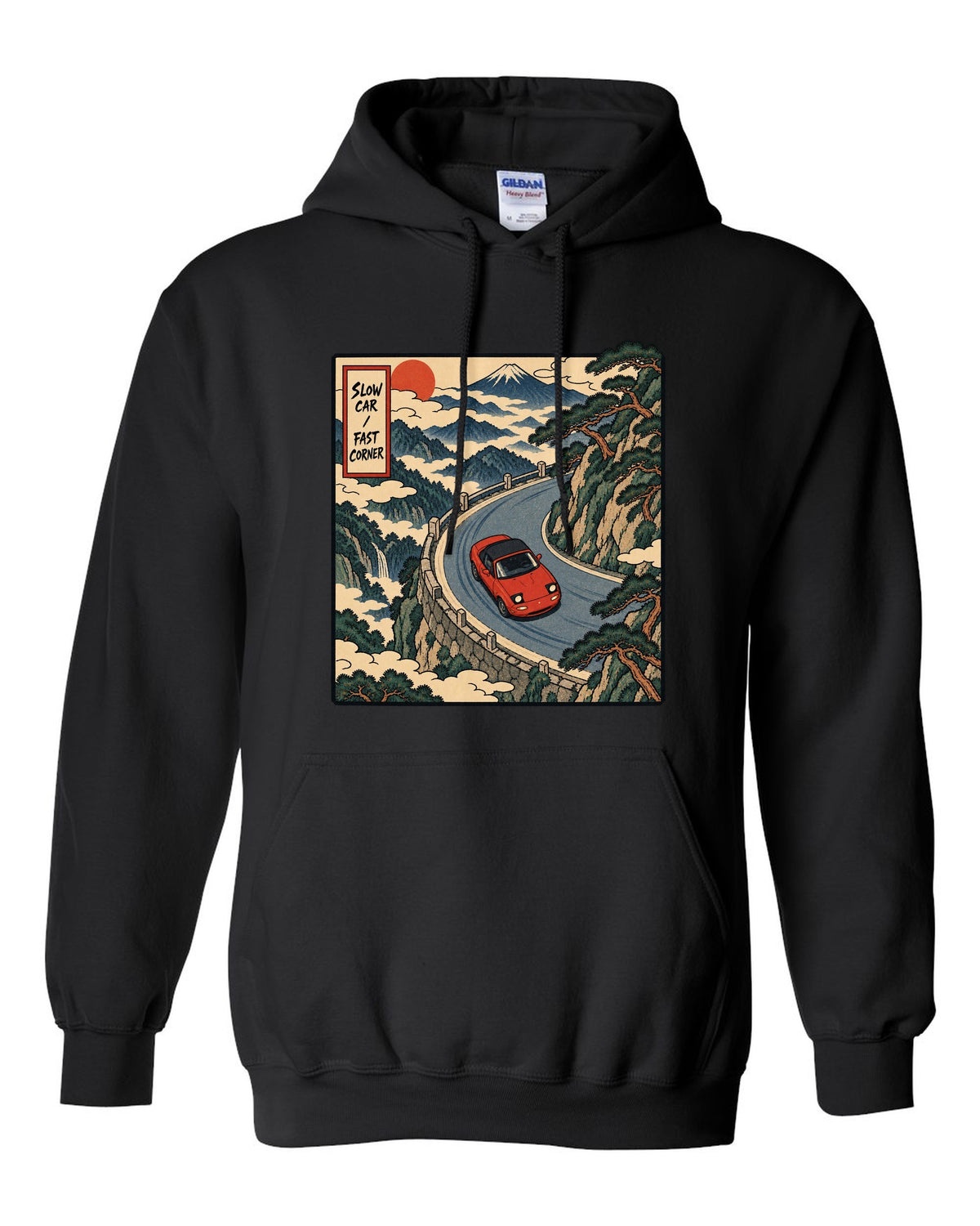 Flat silhouette row of Mazda MX-5 NA, NB, NC and ND generations black pull over hoodie front view with the design