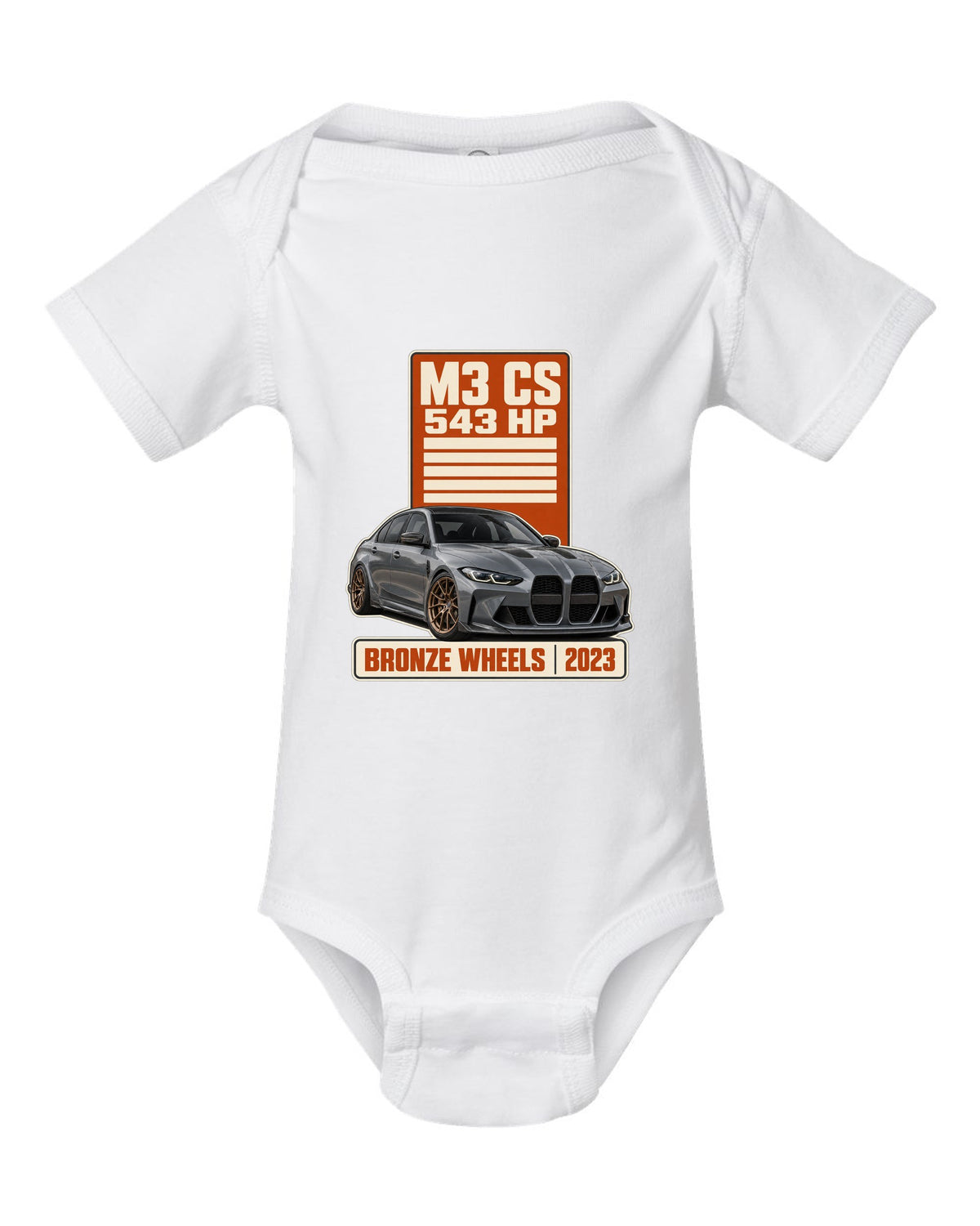 BMW M3 CS G80 spec poster print with 543 hp and bronze wheels text white baby onesie front view with the design