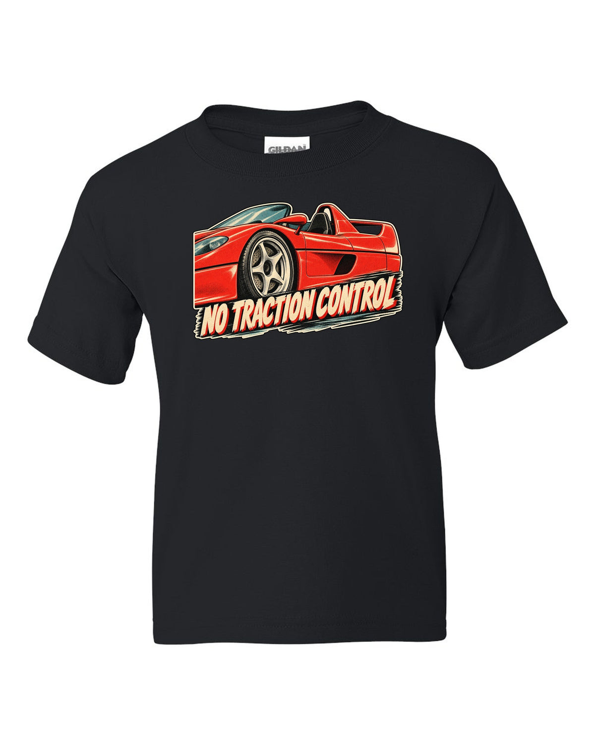 Retro Japanese showa advert style print of a 1995 Ferrari F50 F130 with no traction control text black kids tee front view with the design