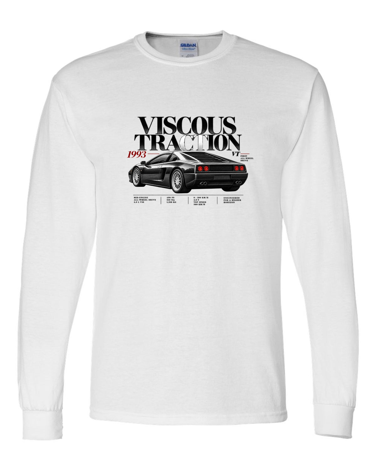 Editorial print of a Lamborghini Diablo VT with viscous traction and first all-wheel drive text white long sleeve front view with the design