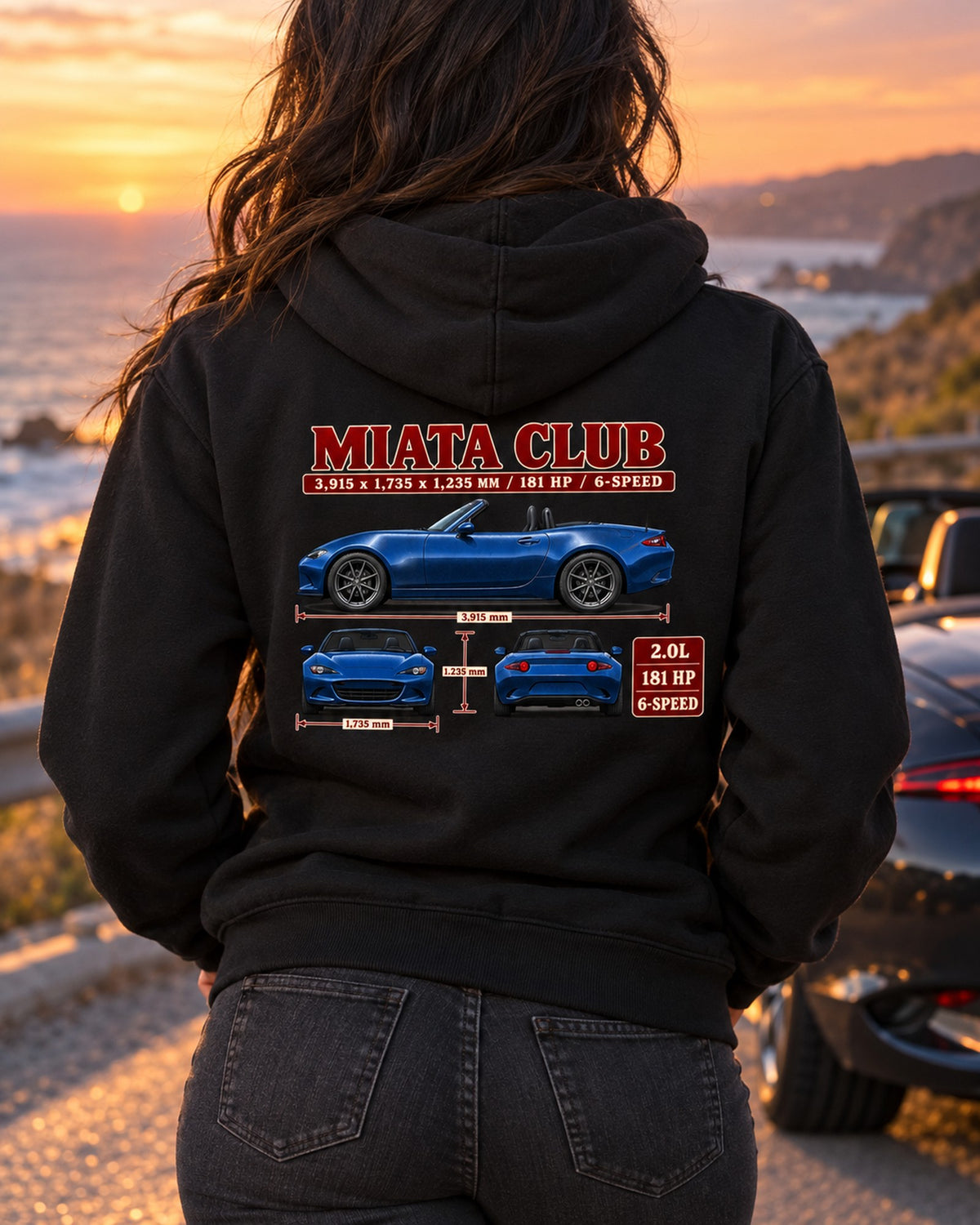 Mazda MX-5 ND Club Three-View Spec Shirt, Miata Car Gift Zip Hoodie Black worn hero