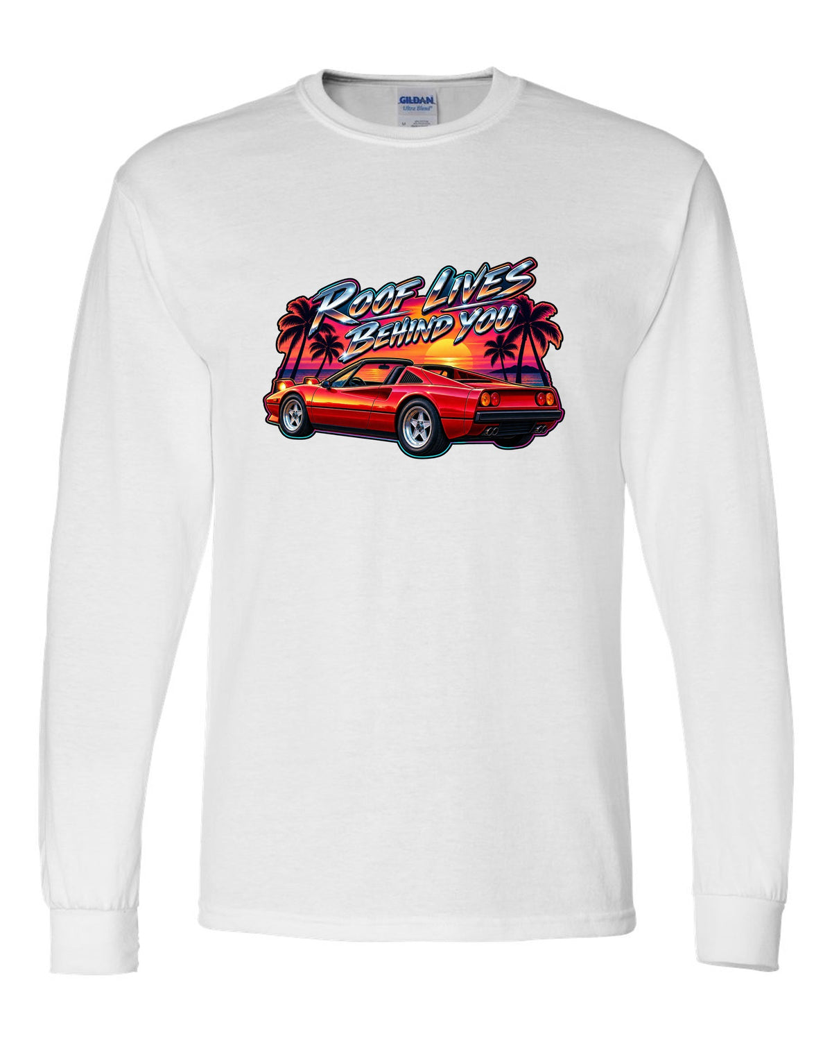 1980s airbrush style print of a Ferrari 308 GTS targa at sunset with palm trees white long sleeve front view with the design