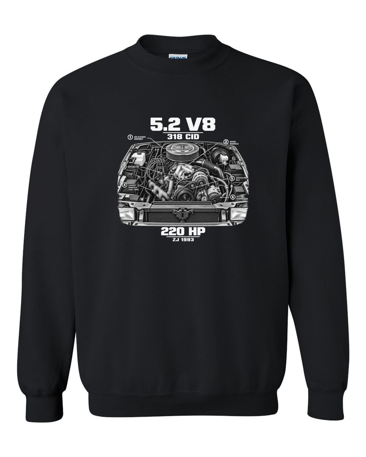 Jeep Grand Cherokee ZJ 5.2 V8 engine print with 318 CID text black crewneck front view with the design