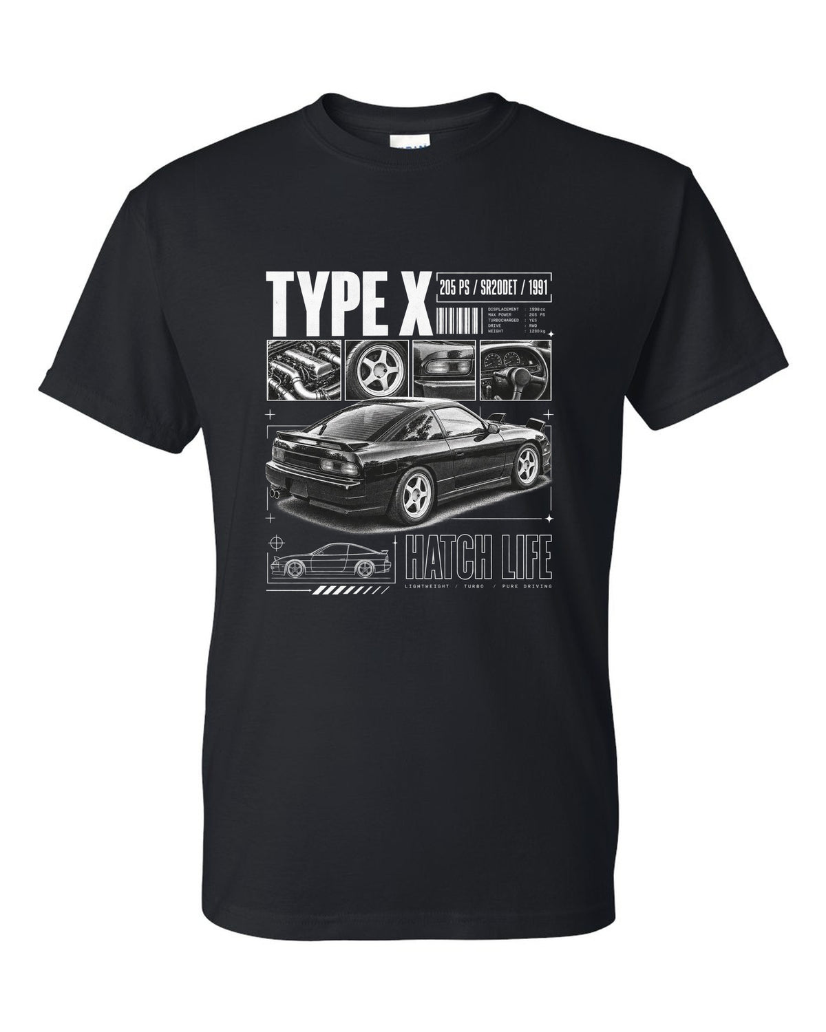 Dossier panels of a Nissan 180SX Type X with 205 PS, SR20DET and 1991 lettering black t-shirt front view with the design