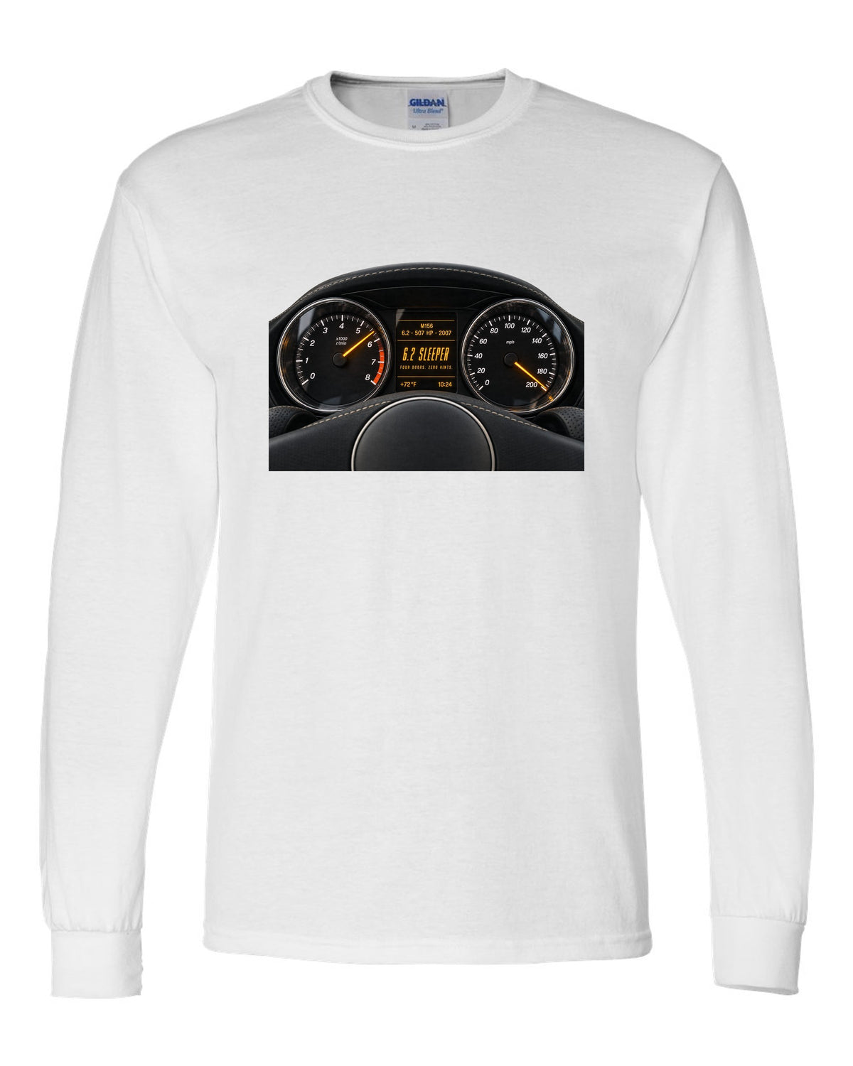 print cockpit gauge of a Mercedes W211 E63 M156 with text 507 HP, 2007, 6.2 sleeper white long sleeve front view with the design