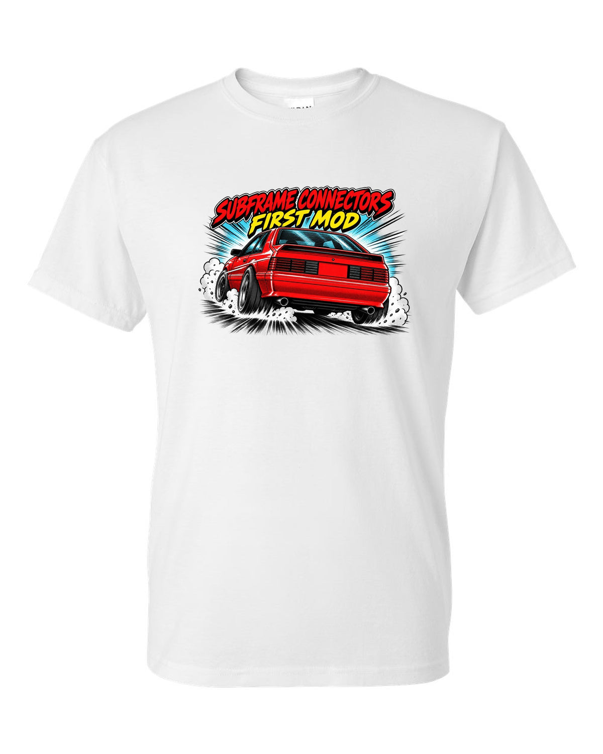 Retro manga halftone panel print of a 1991 Ford Mustang Fox Body GT chback white t-shirt front view with the design