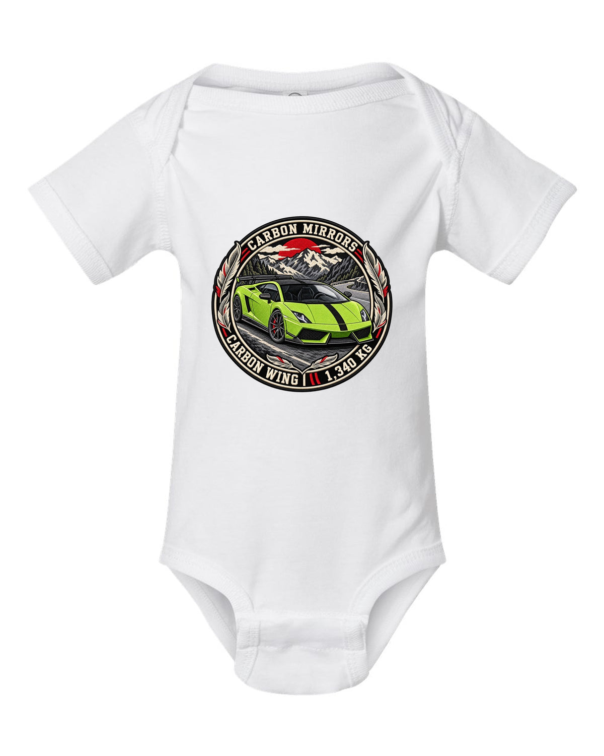 Round embroidery-style crest of a Lamborghini Gallardo LP570-4 Superleggera with carbon mirrors and wing text white baby onesie front view with the design