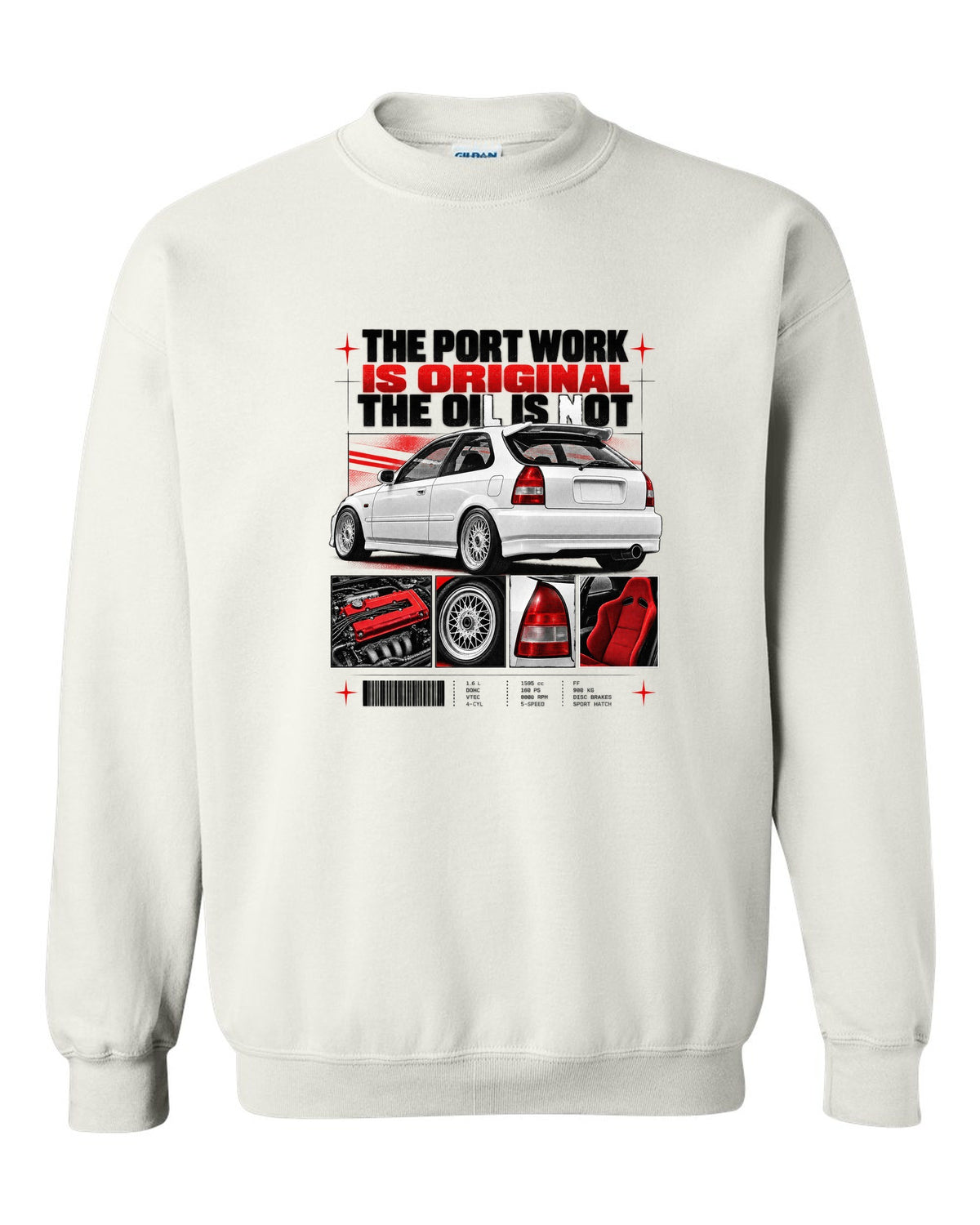 Dossier panel print of a 1998 Honda Civic EK9 chback with port work text white crewneck front view with the design