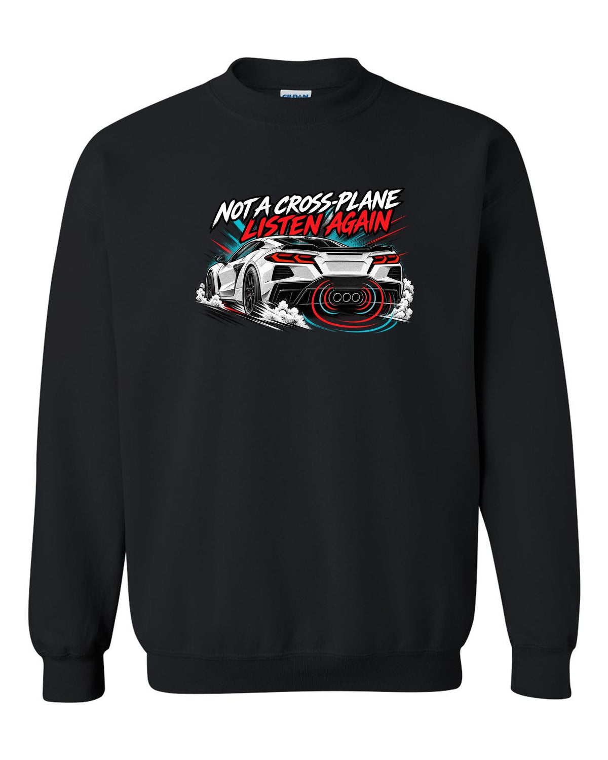 Badge crest design of a 2025 C8 Corvette ZR1 with large fender vents and rear wing black crewneck front view with the design