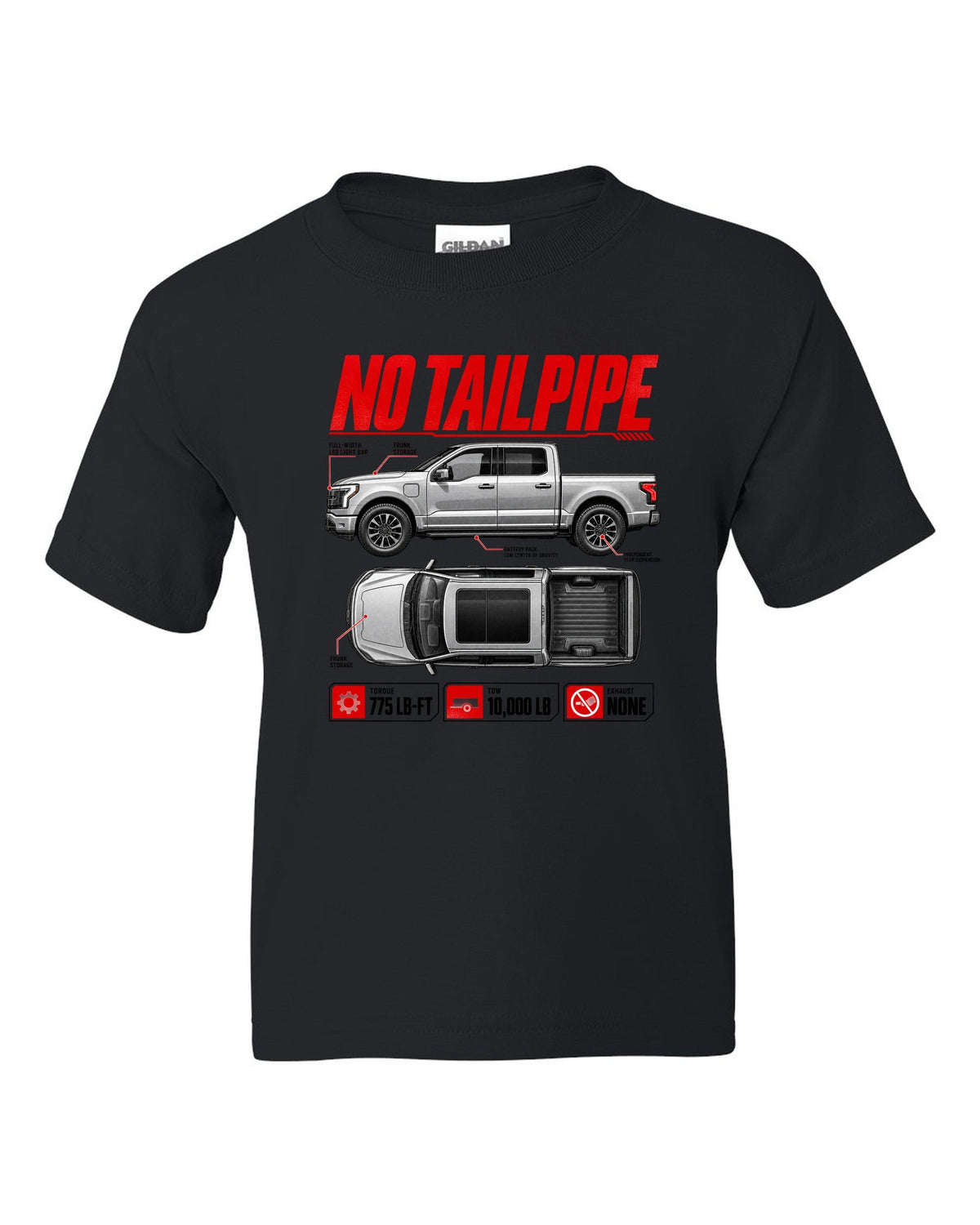 Ford F-150 Lightning 2022 top-down and profile spec sheet poster black kids tee front view with the design
