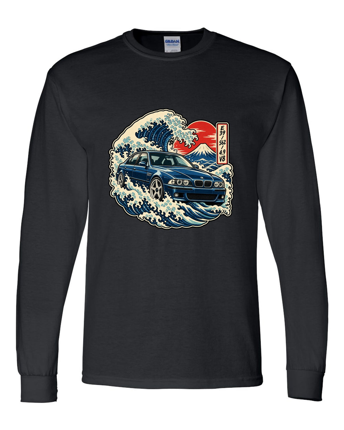Comic halftone pop-art print of a BMW M5 E39 with one more bolt caption black long sleeve front view with the design