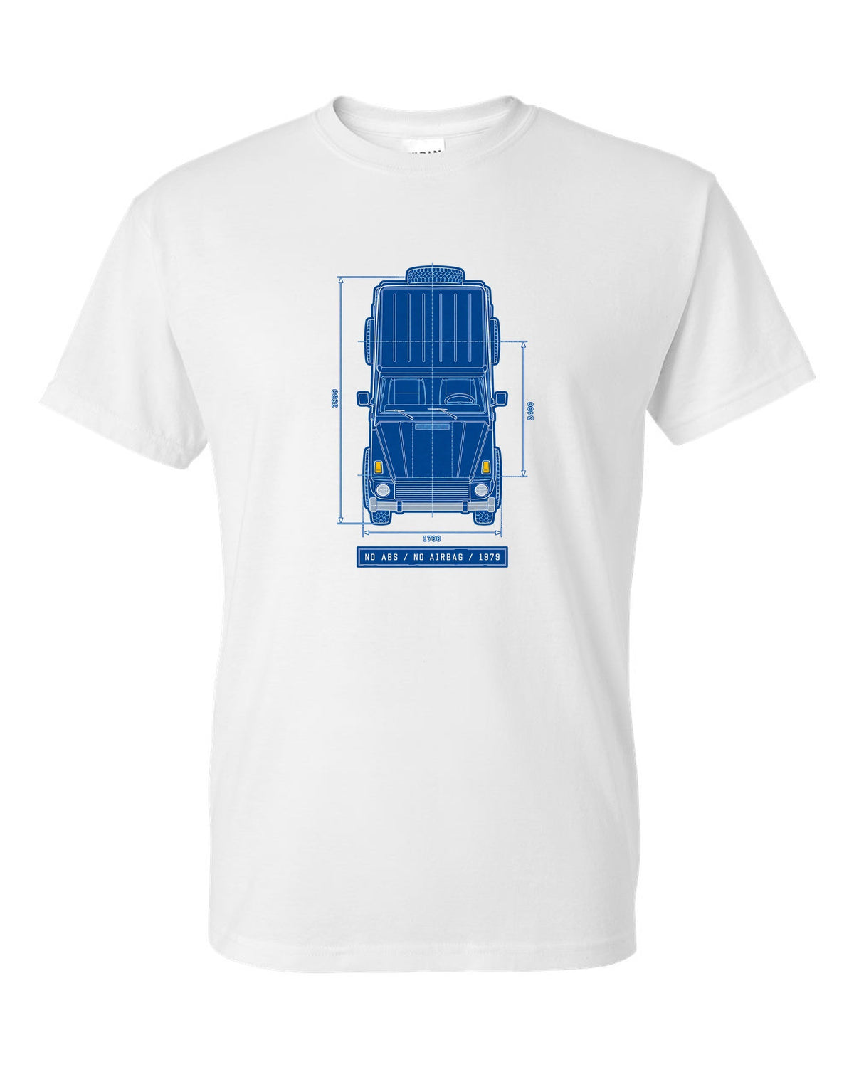 Neon synthwave taillights graphic of a Mercedes G63 W464 with exhaust exits text, print white t-shirt front view with the design