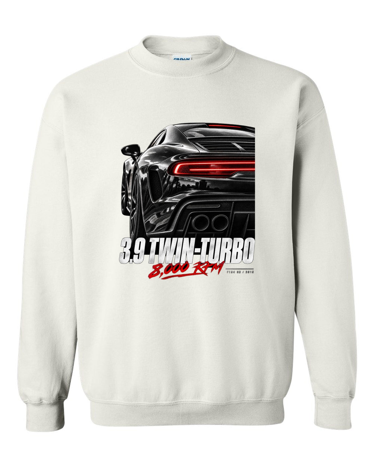 Macro print of a Ferrari 488 GTB rear with 3.9 twin-turbo and 8,000 rpm text white crewneck front view with the design
