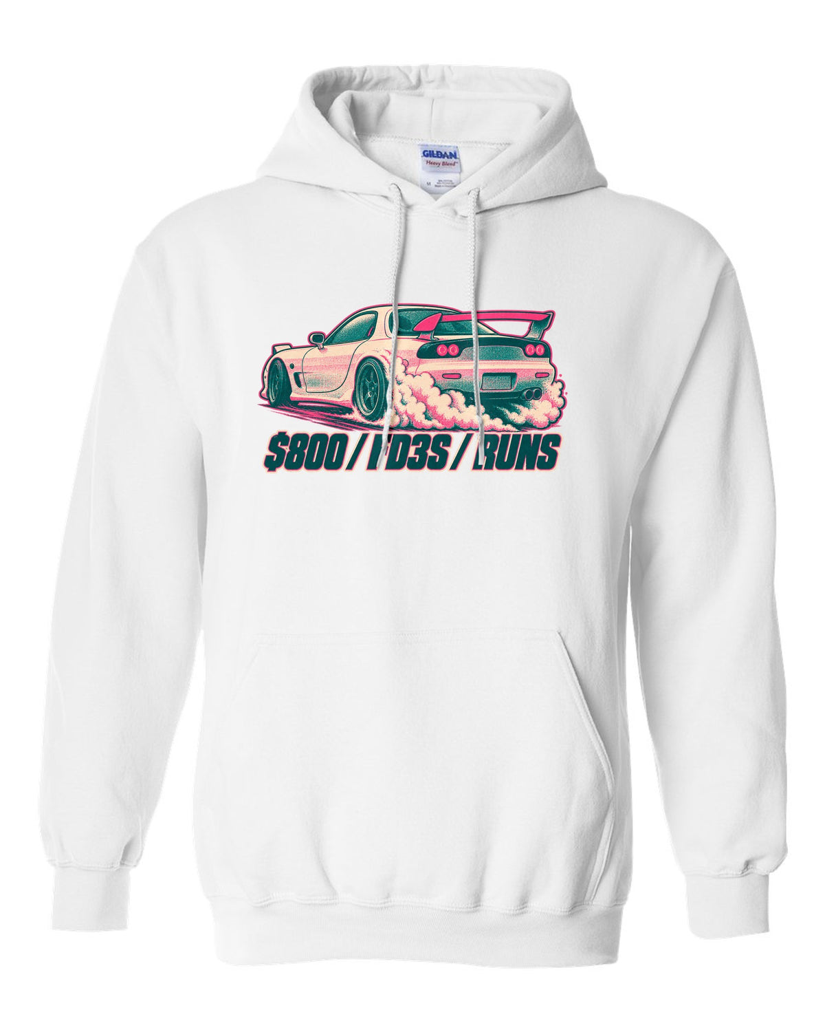 Geometric op-art rotor housing design for the Mazda RX-7 FD3S with 654 CC X 2 / NO PISTONS lettering white pull over hoodie front view with the design