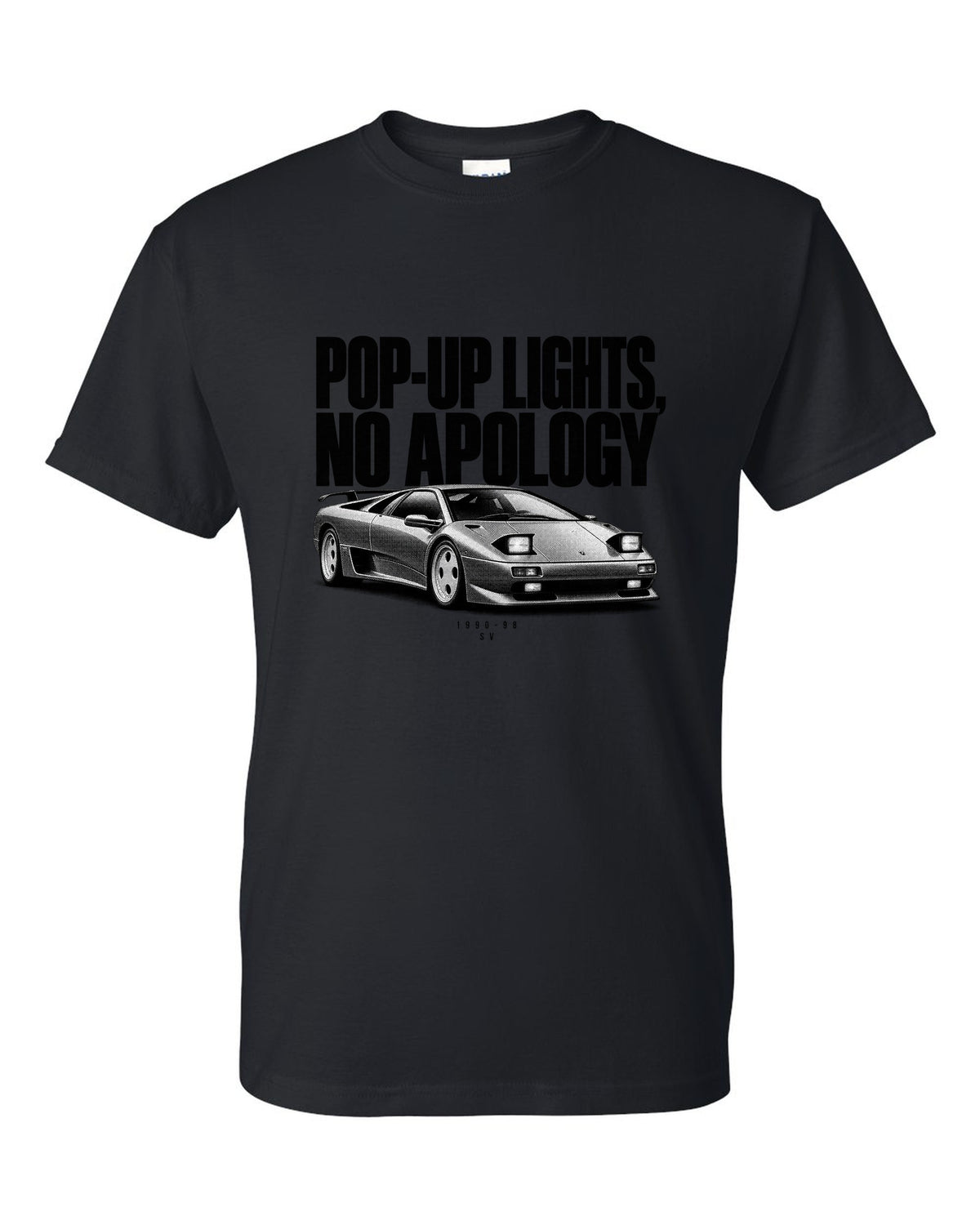 Halftone print of a Lamborghini Diablo SV with pop-up lights no apology text black t-shirt front view with the design