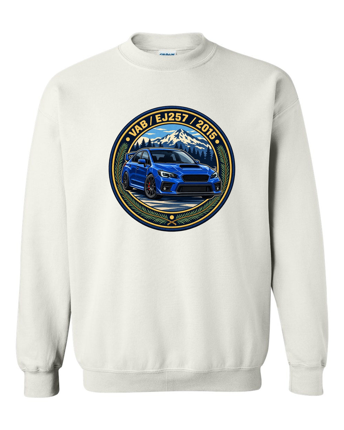 Subaru WRX STI VAB round varsity crest print, VAB / EJ257 / 2015 white crewneck front view with the design