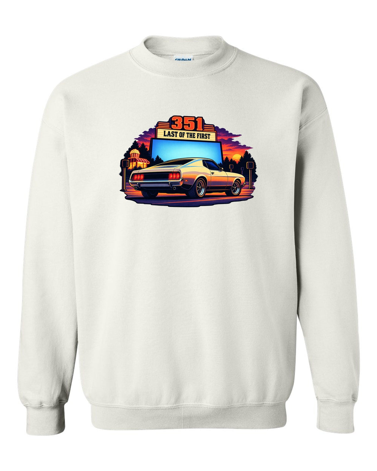 Cel-shaded anime print of a 1973 Ford Mustang fastback at a drive-in white crewneck front view with the design