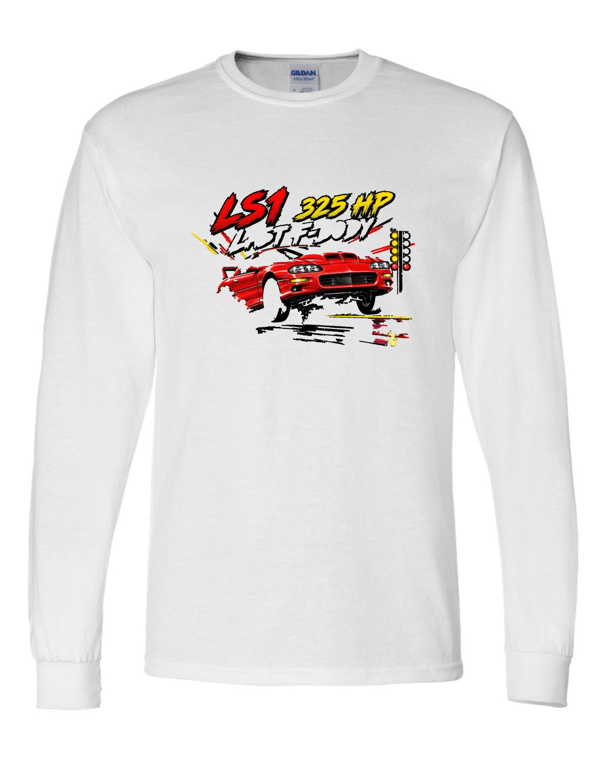 2002 Chevrolet Camaro SS LS1 retro manga halftone panel print white long sleeve front view with the design