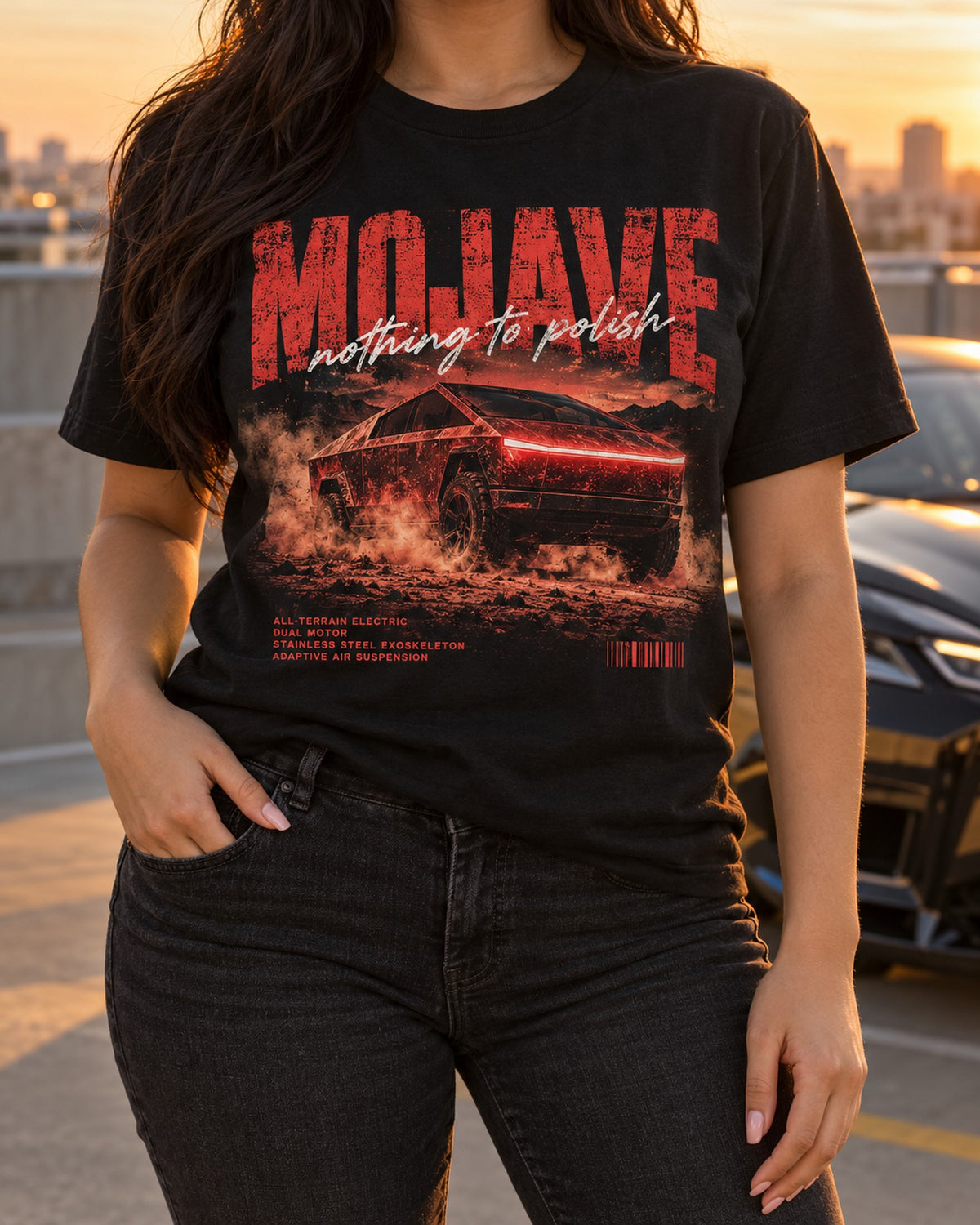 Cybertruck Mojave Desert Street Poster Tee, Nothing to Polish T-Shirt Black worn hero