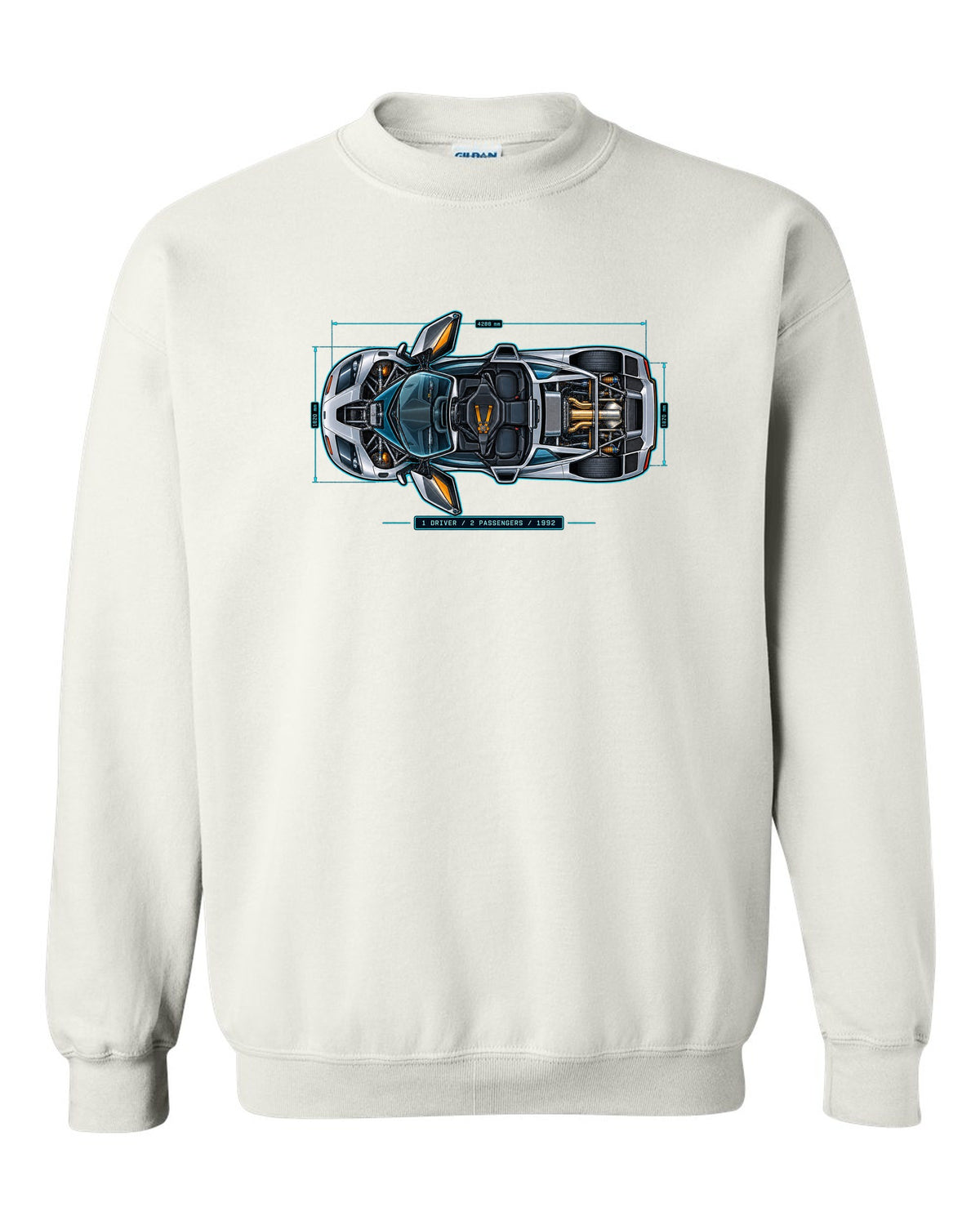 Technical blueprint print of the McLaren F1 with 1 Driver 2 Passengers 1992 lettering white crewneck front view with the design