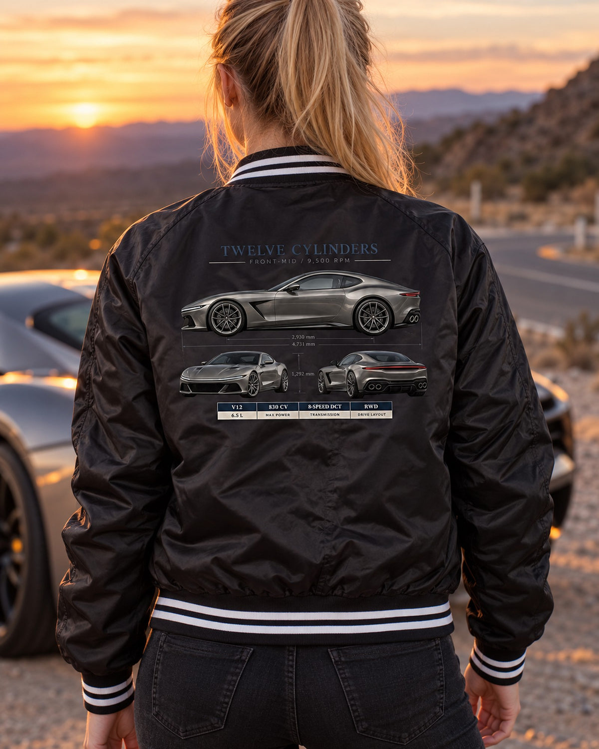 Ferrari 12Cilindri Three-View Spec Sheet Shirt, Car Guy Gift Bomber Jacket Black worn hero