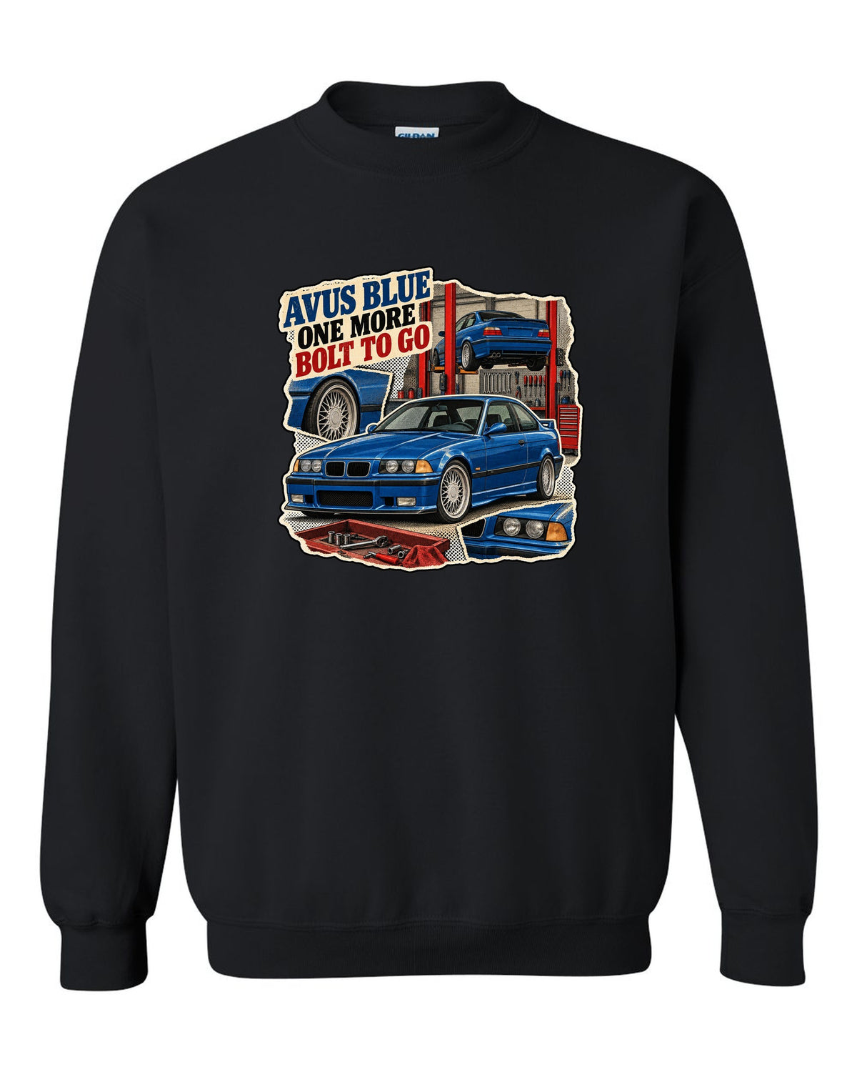 Vintage magazine ad collage print of an Avus Blue BMW E36 M3 with one more bolt to go text black crewneck front view with the design