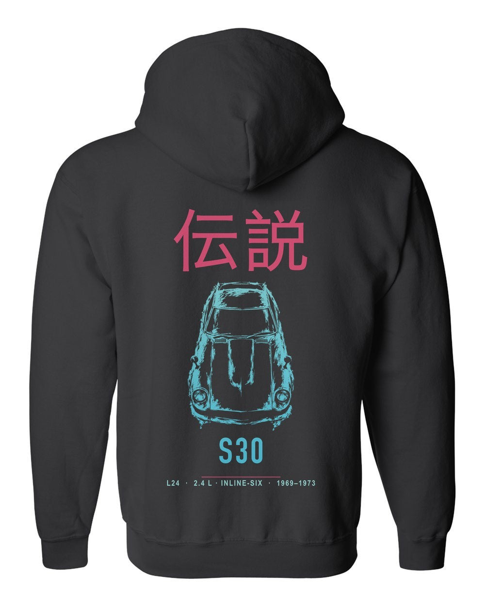 S30 full-back artwork black zip hoodie back view with the design