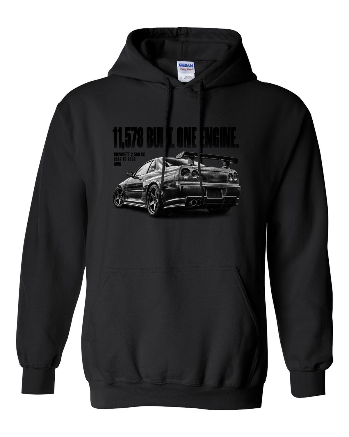Halftone rear three-quarter view of a Nissan Skyline GT-R R34 with 11,578 built lettering black pull over hoodie front view with the design
