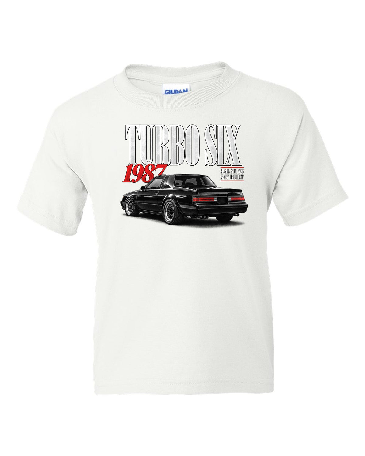 Editorial archive print for a 1987 Buick Regal Grand National GNX with turbo six text white kids tee front view with the design