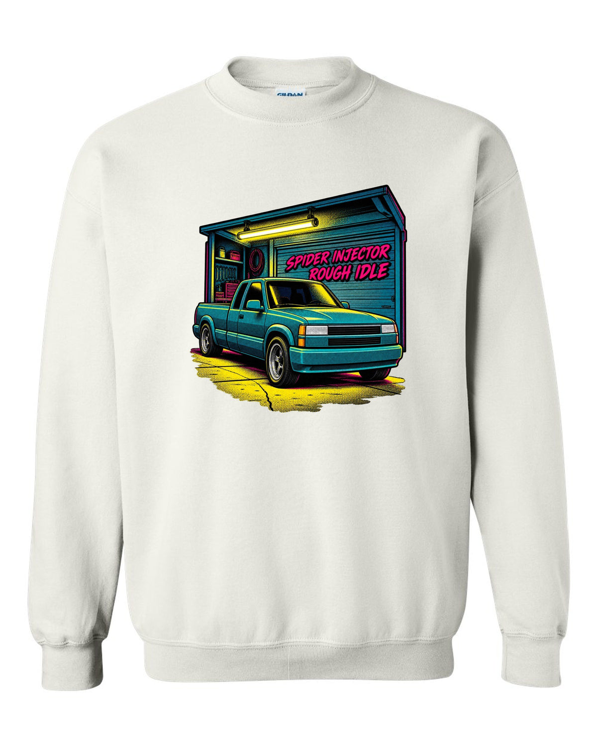 Comic halftone pop-art print of a 1988-98 Chevrolet GMT400 C1500 OBS extended cab with spider injector rough idle lettering white crewneck front view with the design
