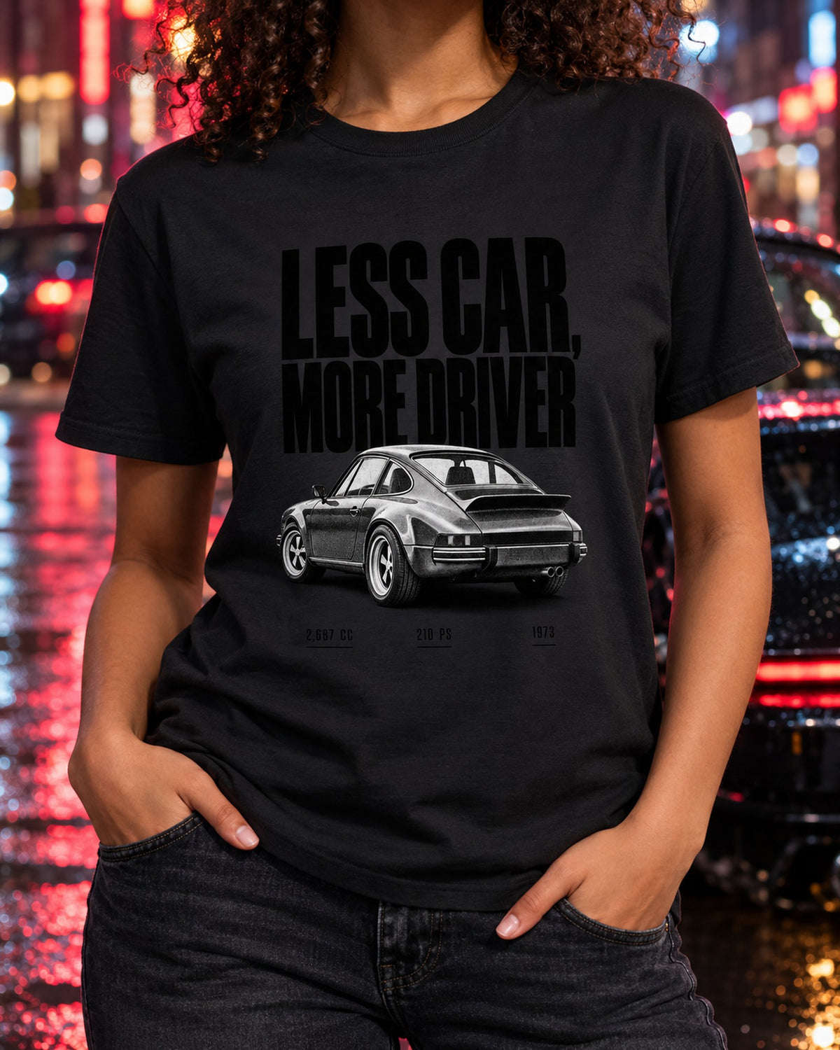 Porsche 911 Carrera RS 2.7 Less Car More Driver Halftone Tee T-Shirt Black worn hero
