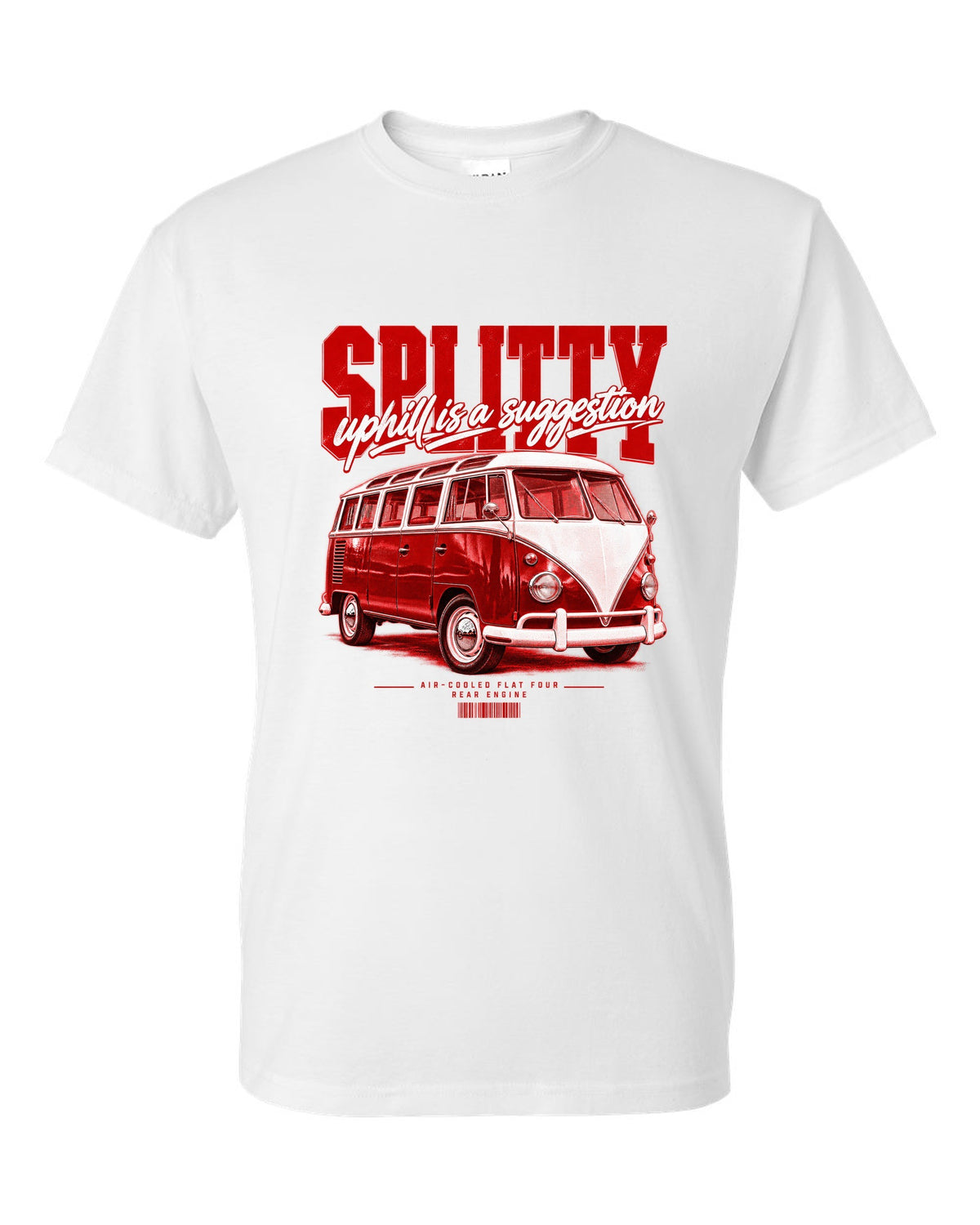 Street poster print of a 1963 VW T1 split-window bus with air-cooled flat-four text white t-shirt front view with the design