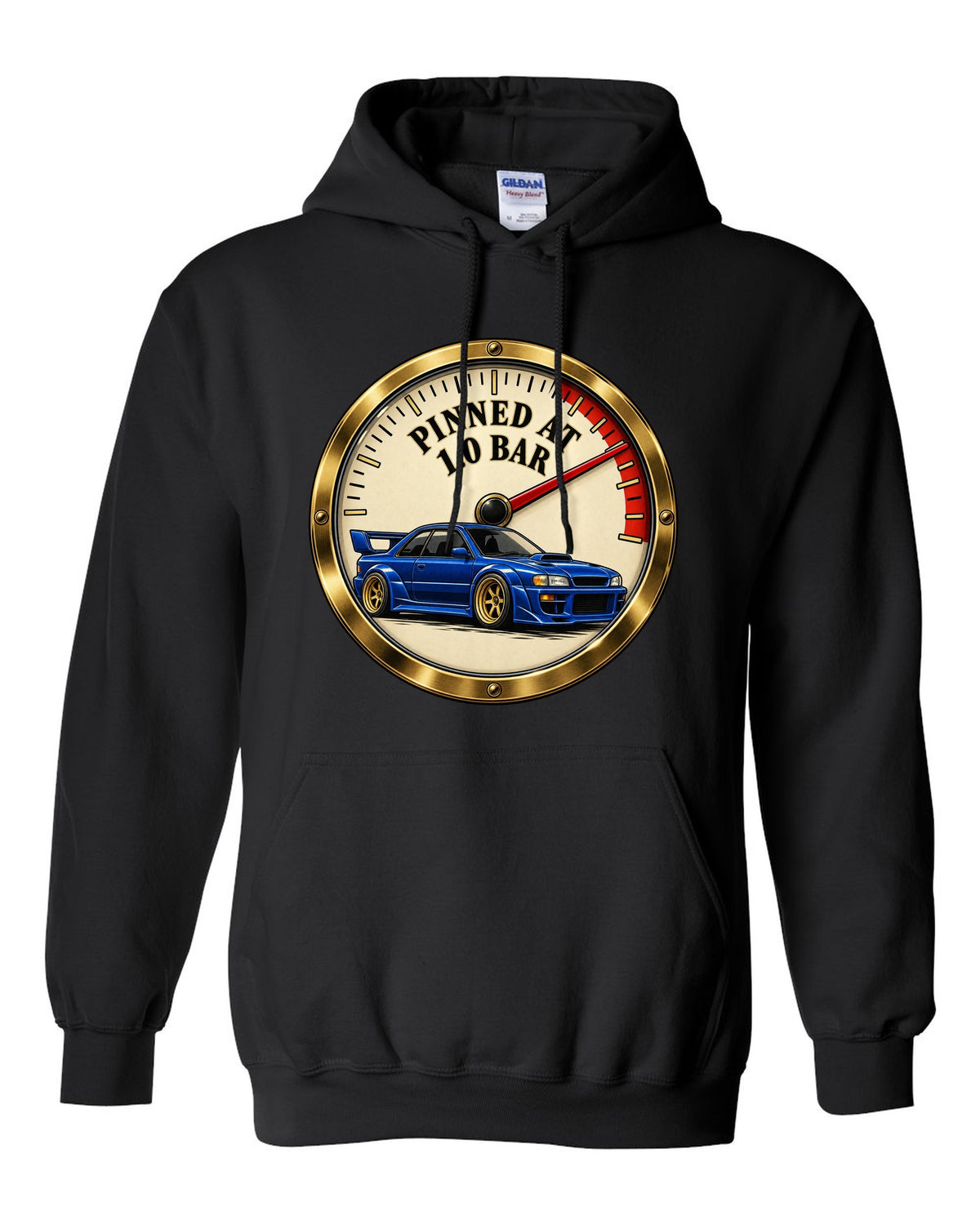 Dyno chart and spec sheet design for a Subaru Impreza WRX GC8 saloon with EJ20 black pull over hoodie front view with the design