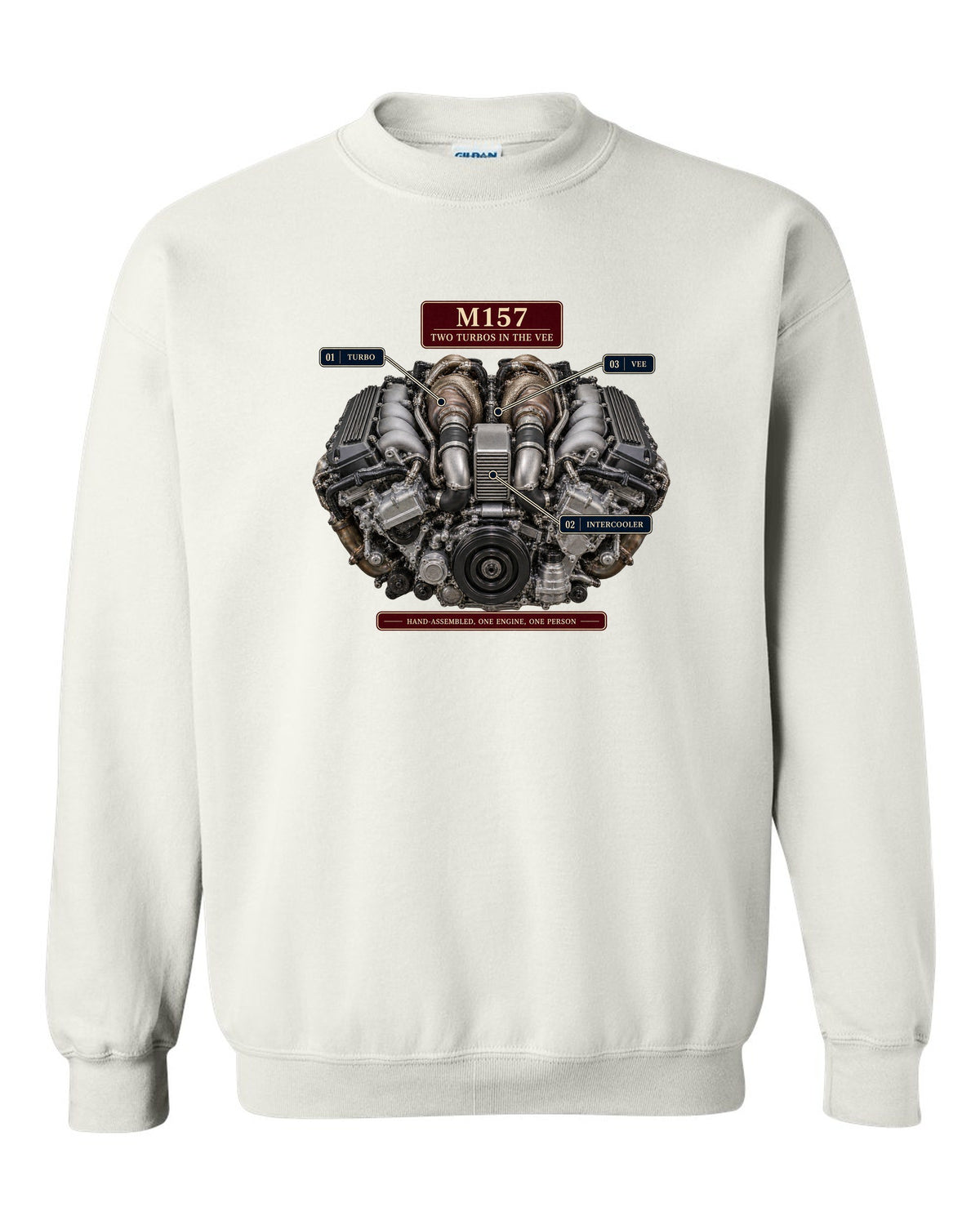 Engine hero print of the Mercedes-AMG M157 5.5 biturbo V8 from the W212 E63 S white crewneck front view with the design