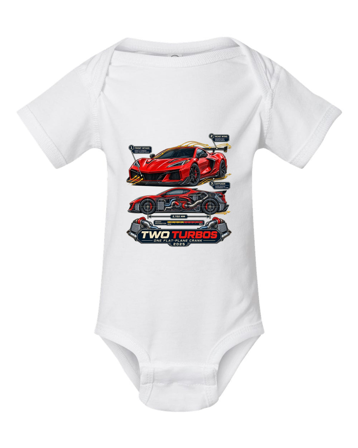 print of a Chevrolet Corvette C8 ZR1 cutaway with callouts for twin turbos and flat-plane crank white baby onesie front view with the design