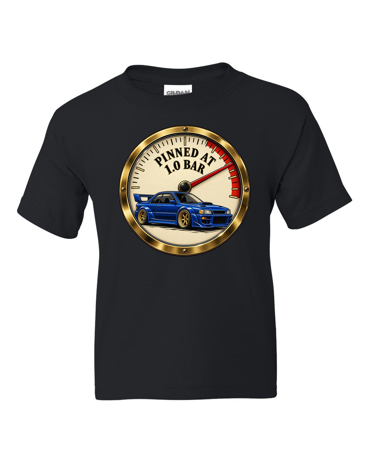 Dyno chart and spec sheet design for a Subaru Impreza WRX GC8 saloon with EJ20 black kids tee front view with the design
