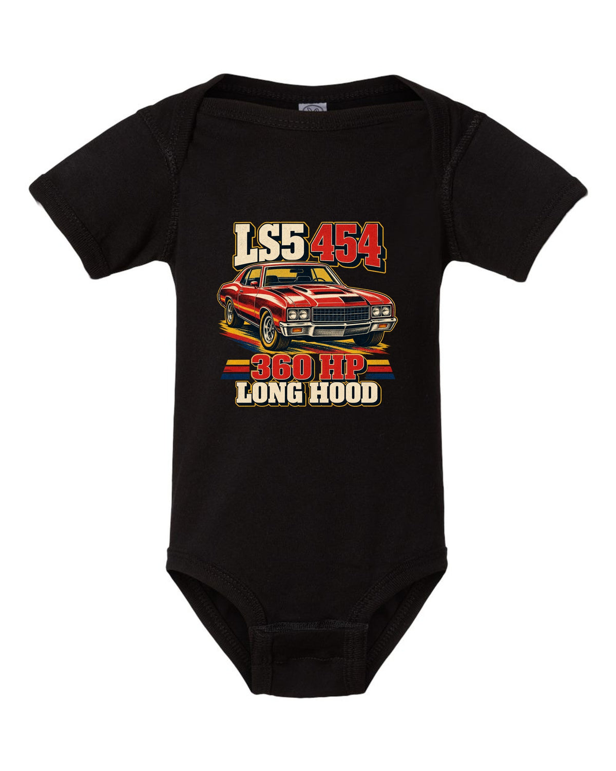 Vintage race poster print of a 1970 Chevrolet Monte Carlo SS 454 with the text LS5 454, 360 HP, Long Hood black baby onesie front view with the design
