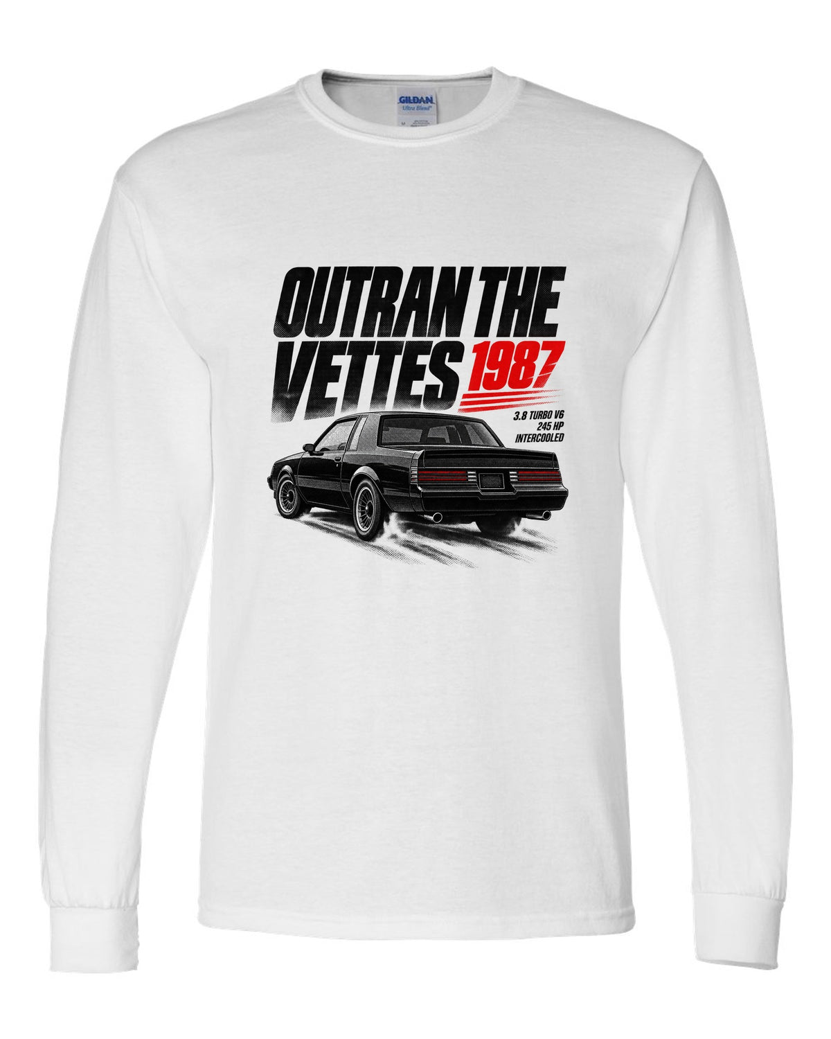 print halftone of a 1987 Buick Regal GN with outran the Vettes lettering white long sleeve front view with the design