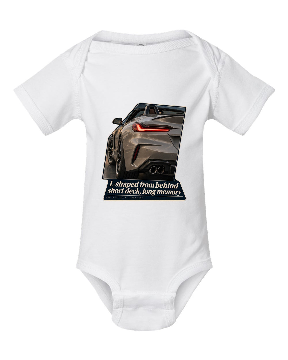 Macro print of the L-shaped taillight on a 2023 BMW Z4 G29 LCI white baby onesie front view with the design
