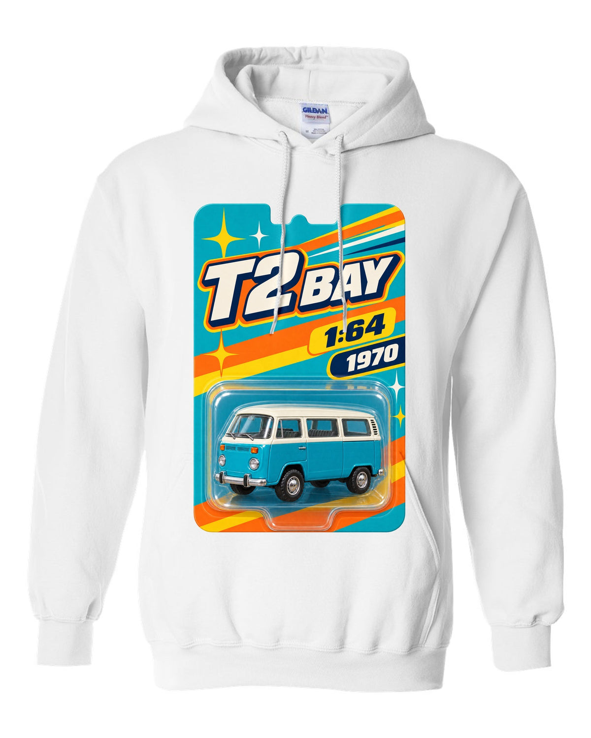 Toy-card blister pack style print of a 1970 VW Bus T2 bay window at 1:64 white pull over hoodie front view with the design